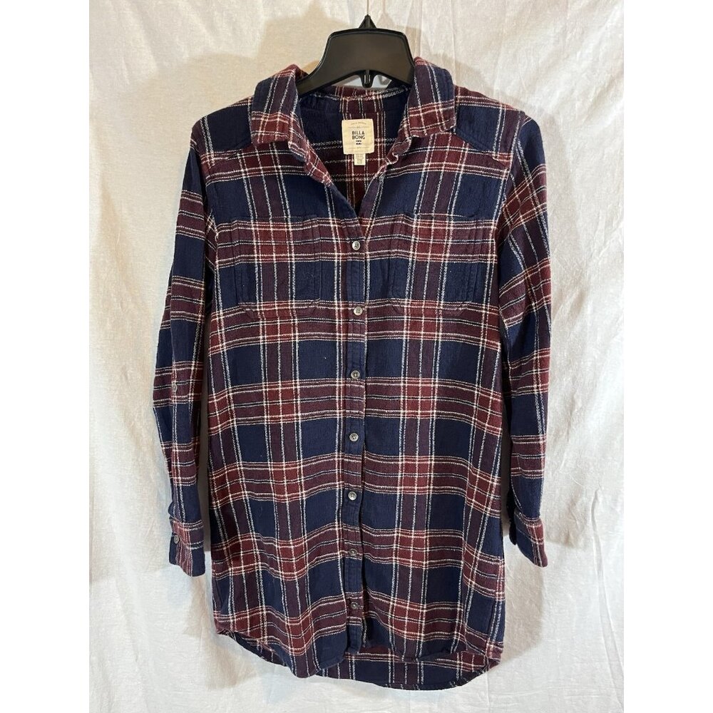 Billa Bong Women's Medium Navy Maroon Plaid Button Up Shirt